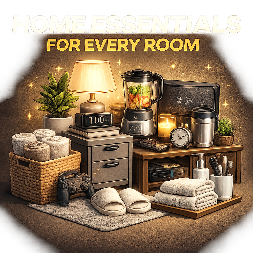 Home essentials for every room including bedroom, bathroom, home office, and entertainment items