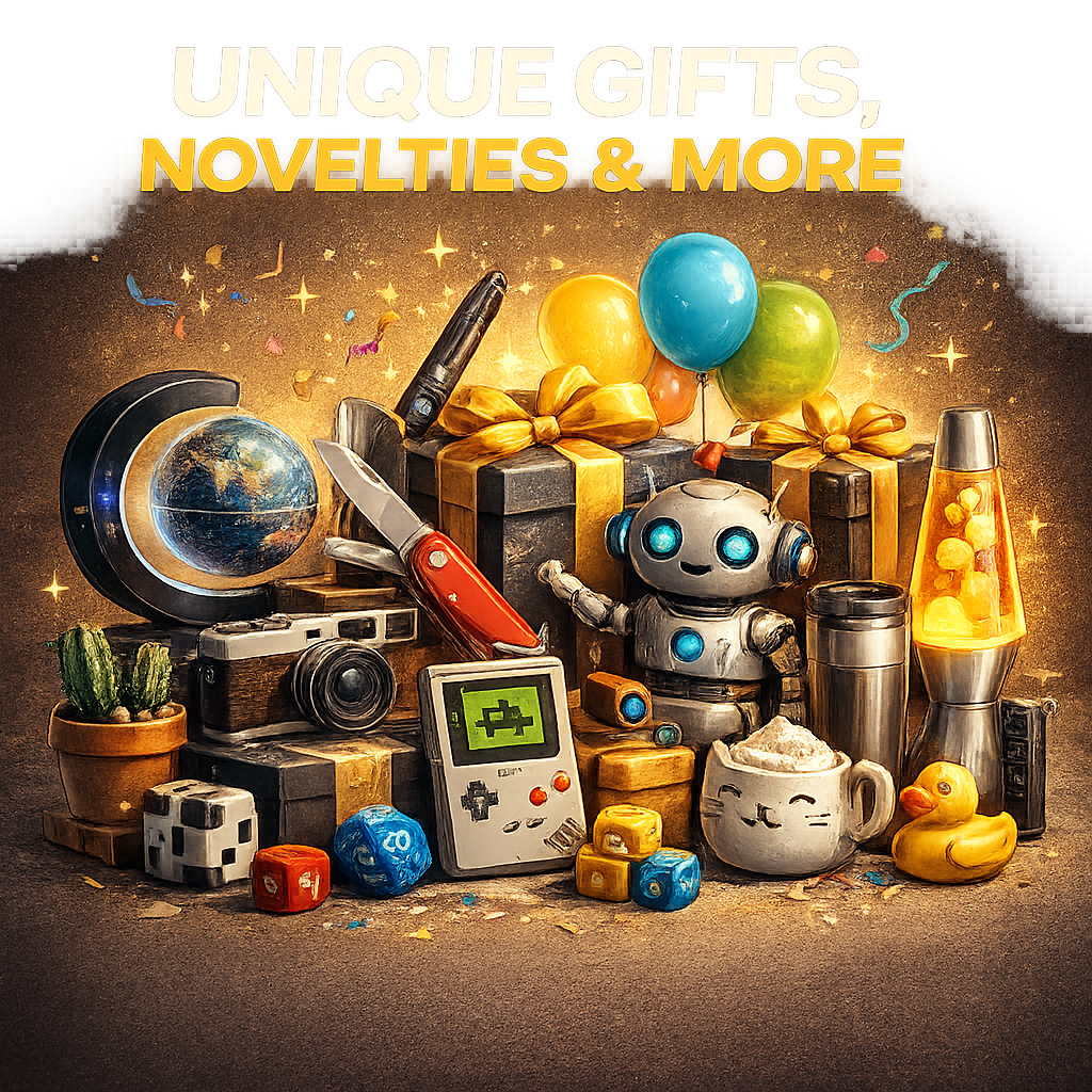 Unique gifts and novelties including fun, practical, and unexpected surplus items