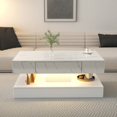 Modern LED Coffee Table with Storage Drawer (RGB Remote Lights, Black/White, 39.37")-7