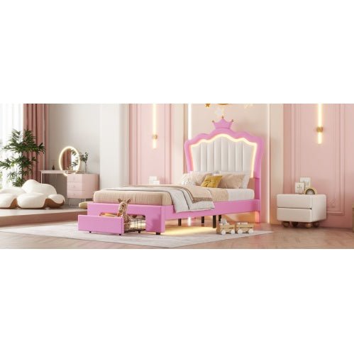 Twin Princess Bed Frame with Crown Headboard, LED Lights & Storage Drawer (Pink/White)-5