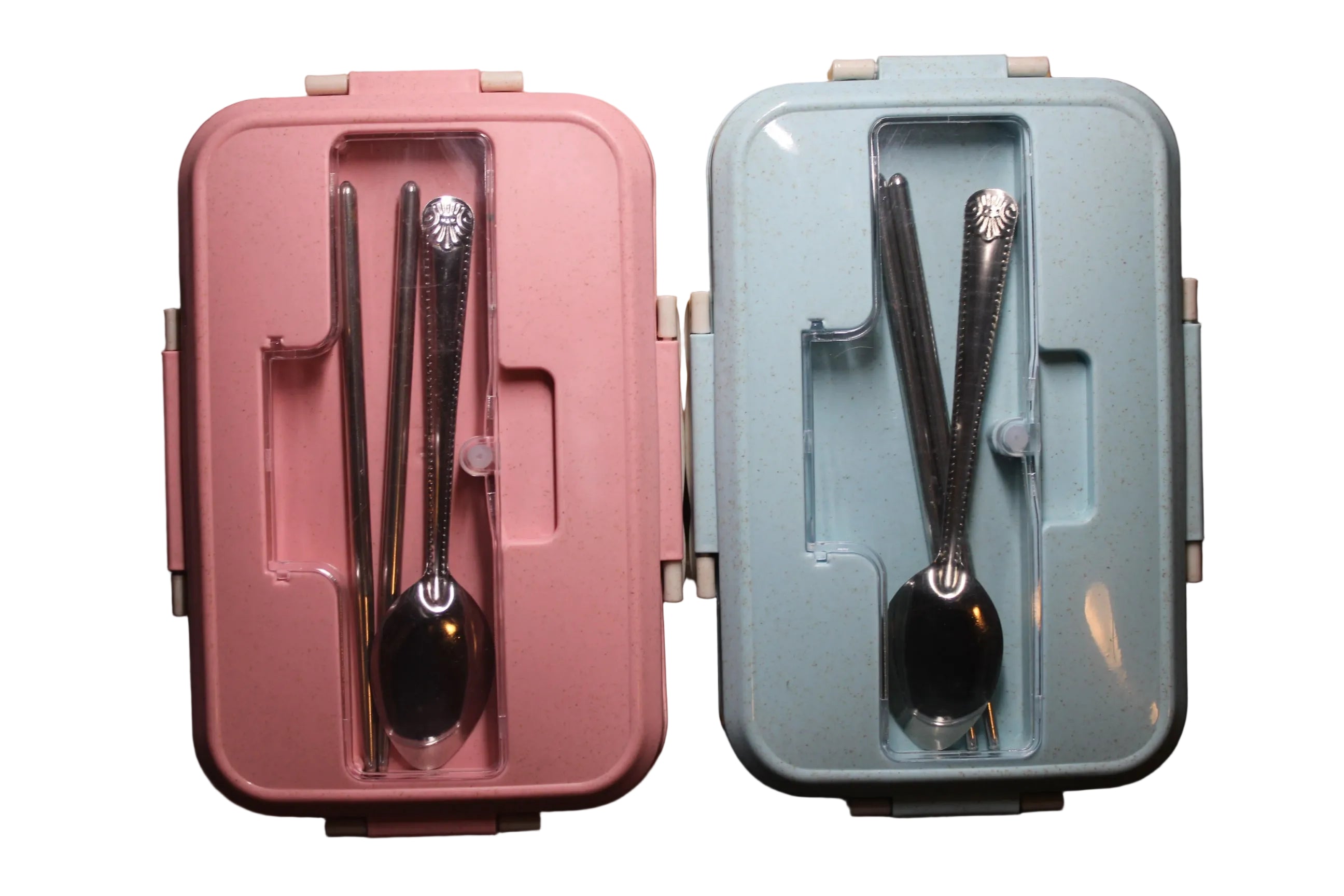 2-pack bento lunch box set with leakproof lids in pink and blue with utensils included