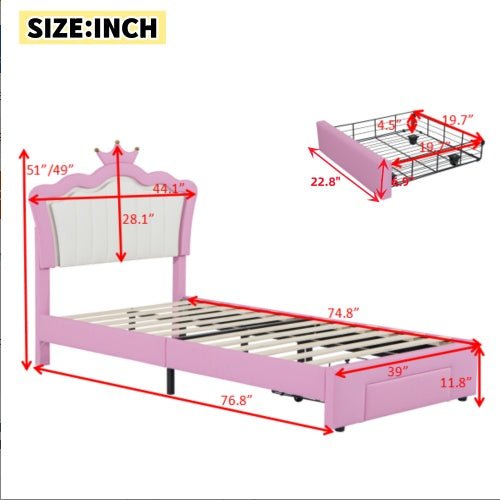 Twin Princess Bed Frame with Crown Headboard, LED Lights & Storage Drawer (Pink/White)-9
