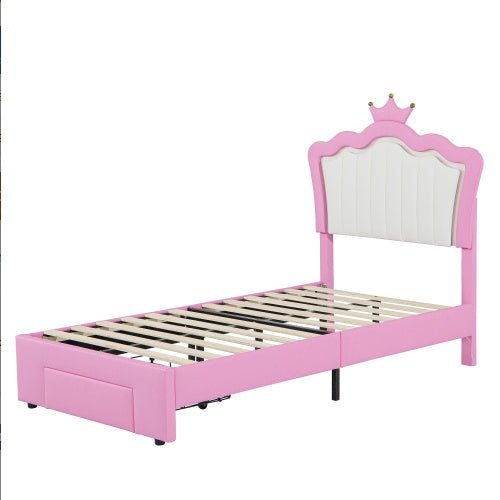 Twin Princess Bed Frame with Crown Headboard, LED Lights & Storage Drawer (Pink/White)