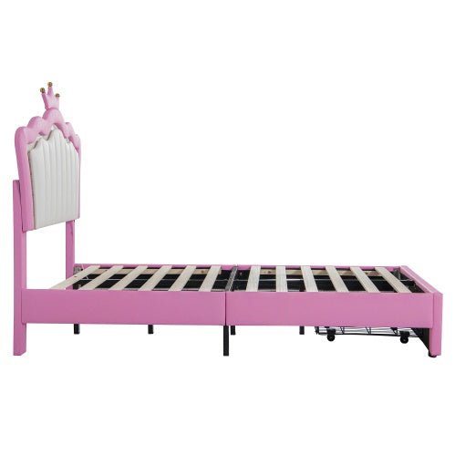 Twin Princess Bed Frame with Crown Headboard, LED Lights & Storage Drawer (Pink/White)-4
