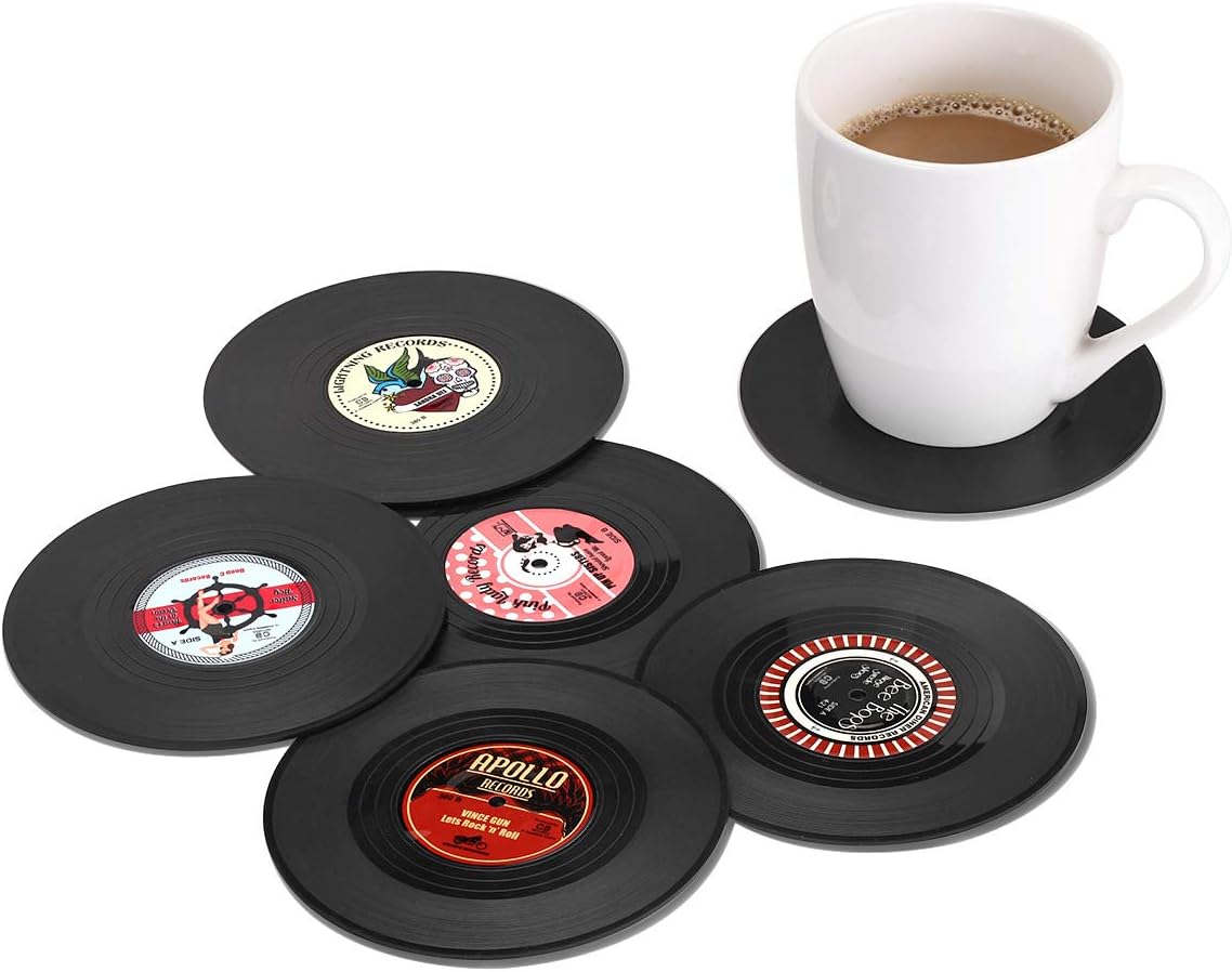 Retro Rockabilly Vinyl Record Coasters – 6-Piece Set | Vintage Drink Coasters for Home, Bar, Coffee Table & Music Lovers-5
