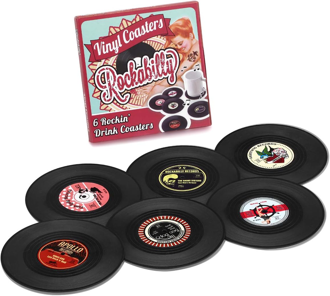 Retro Rockabilly Vinyl Record Coasters – 6-Piece Set | Vintage Drink Coasters for Home, Bar, Coffee Table & Music Lovers-1