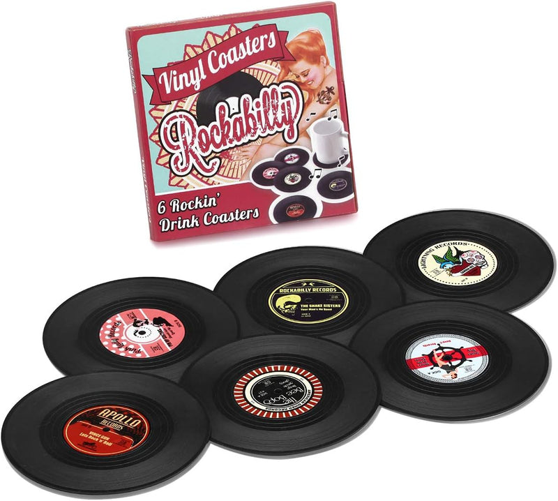 Retro Rockabilly Vinyl Record Coasters – 6-Piece Set | Vintage Drink Coasters for Home, Bar, Coffee Table & Music Lovers-1