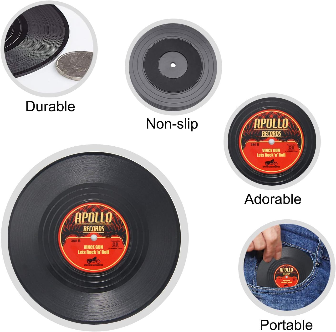 Retro Rockabilly Vinyl Record Coasters – 6-Piece Set | Vintage Drink Coasters for Home, Bar, Coffee Table & Music Lovers-3