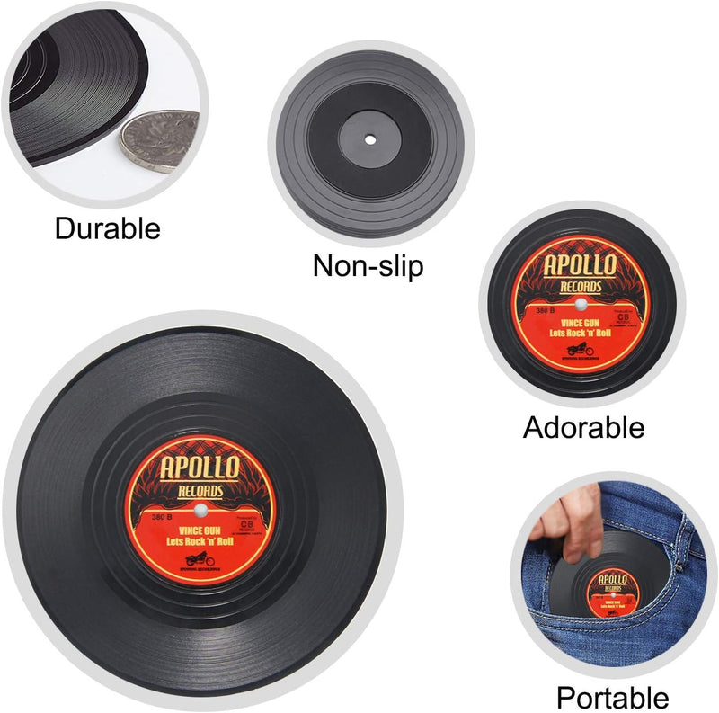 Retro Rockabilly Vinyl Record Coasters – 6-Piece Set | Vintage Drink Coasters for Home, Bar, Coffee Table & Music Lovers-3