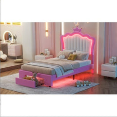 Twin Princess Bed Frame with Crown Headboard, LED Lights & Storage Drawer (Pink/White)-10