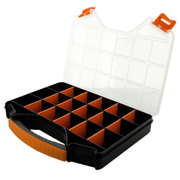 plastic parts organizer box with extra wide textured handle