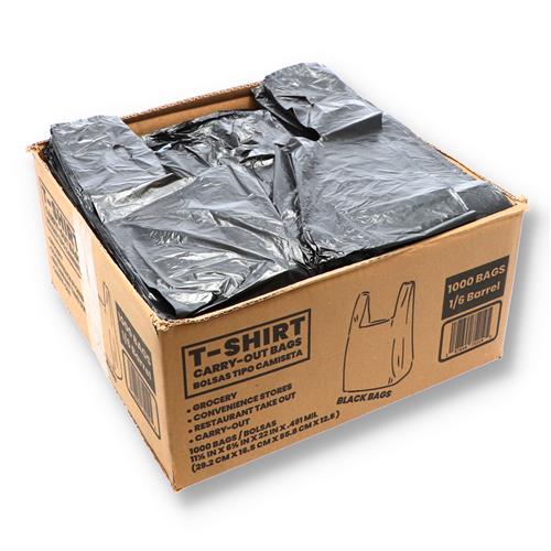 1000 count black t-shirt shopping bags 11.5 x 6.5 x 22 inch 0.49 mil case pack for retail and vendors