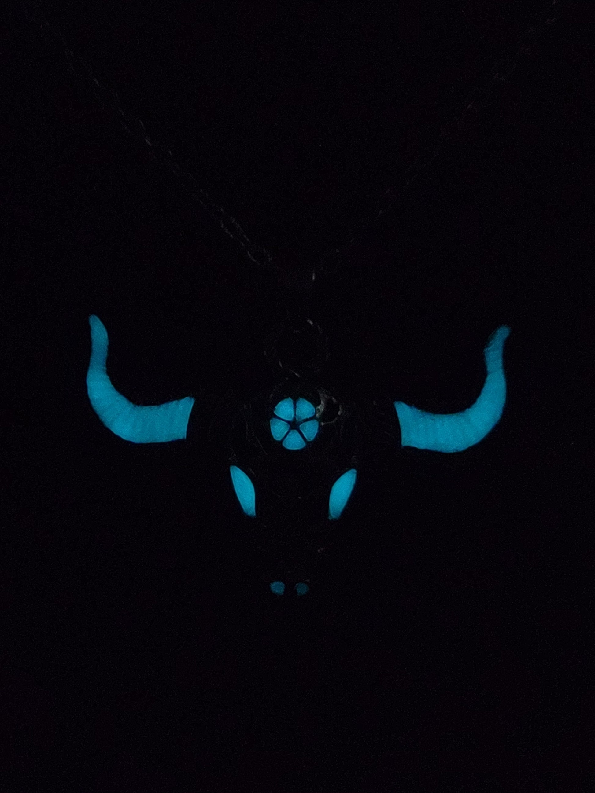 Unisex buffalo skull pendant necklace with luminous stone inlay that glows after charging with light