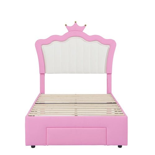 Twin Princess Bed Frame with Crown Headboard, LED Lights & Storage Drawer (Pink/White)-6