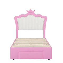 Twin Princess Bed Frame with Crown Headboard, LED Lights & Storage Drawer (Pink/White)-6