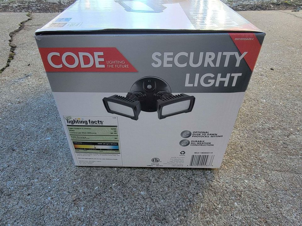 CODE outdoor LED floodlight 260W equivalent with dusk-to-dawn option and hardwired 120V installation