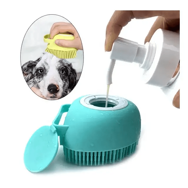 Soft silicone dog bath brush for scrubbing shampoo and removing loose pet hair during baths