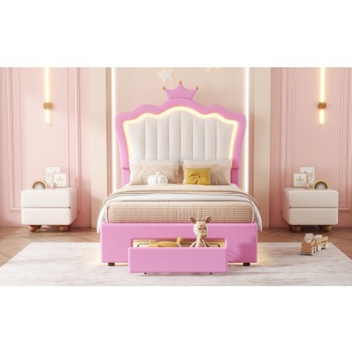 Twin Princess Bed Frame with Crown Headboard, LED Lights & Storage Drawer (Pink/White)-8