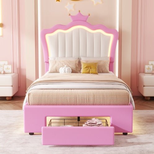 Twin Princess Bed Frame with Crown Headboard, LED Lights & Storage Drawer (Pink/White)-7