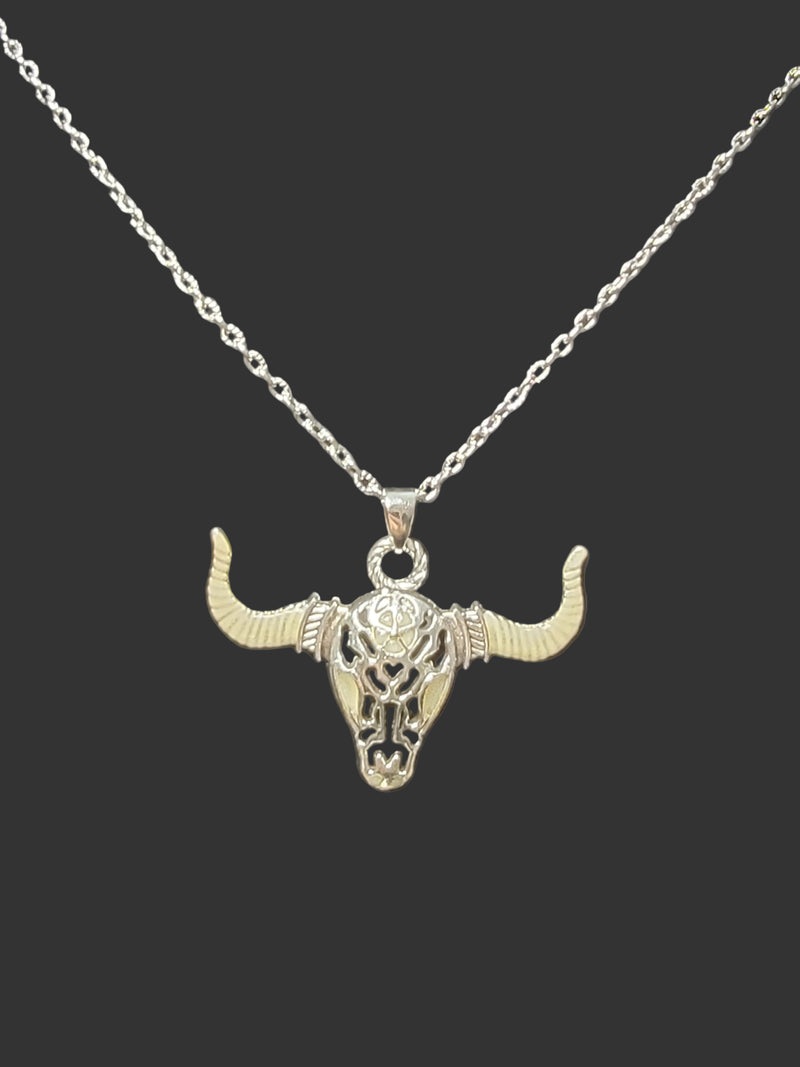 Fearless buffalo skull glow-in-the-dark silver pendant necklace symbolizing strength and perseverance