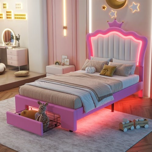 Twin Princess Bed Frame with Crown Headboard, LED Lights & Storage Drawer (Pink/White)