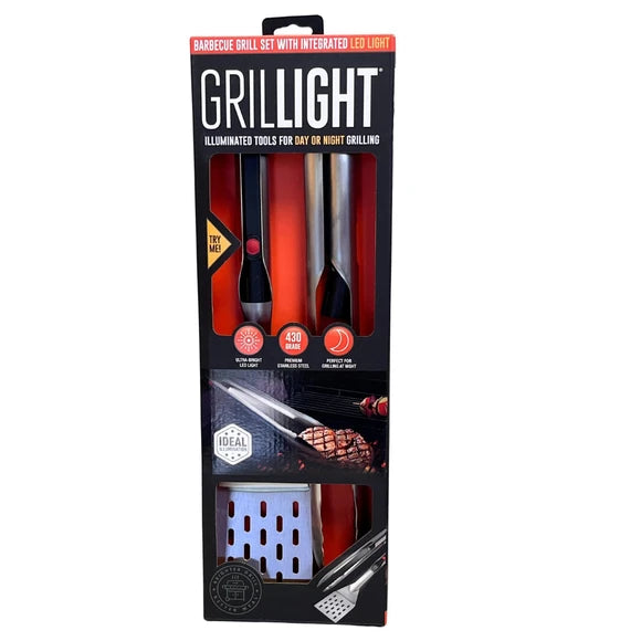 GRILLIGHT 2-piece stainless steel grill tool set with integrated LED lights in retail packaging