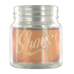 Mini mason jar shot glass with raised Shots lettering