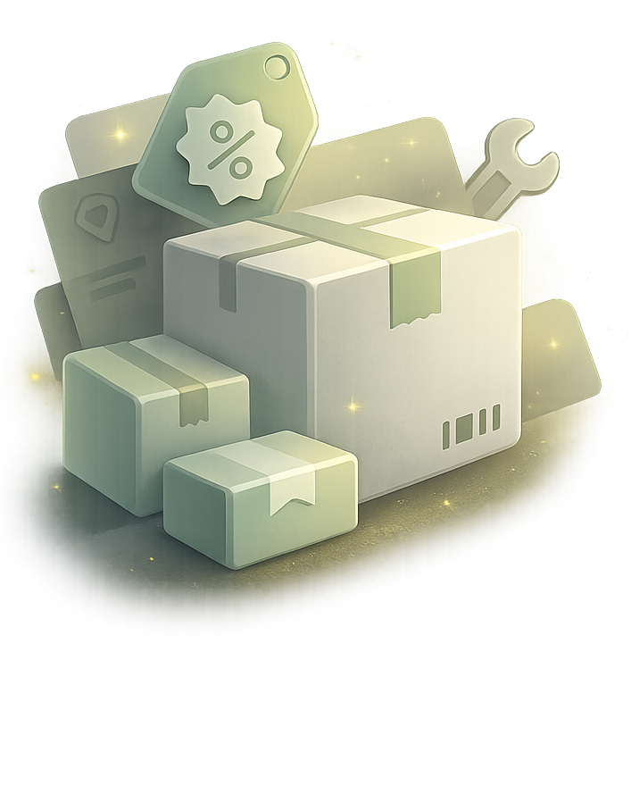 Graphic representing new inventory updates, surplus deals, and product arrivals