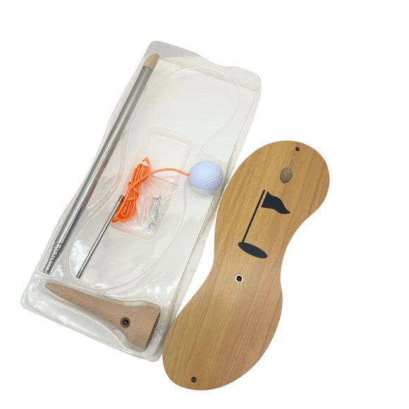 Tee Toss Deluxe Golf Ball Game components with wooden game board, ball, string and hardware