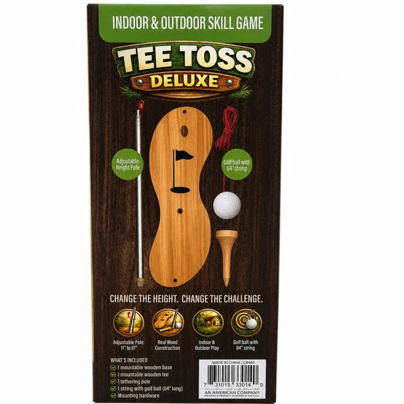 Tee Toss Deluxe wall-mounted golf game with wooden backboard, golf ball and tee