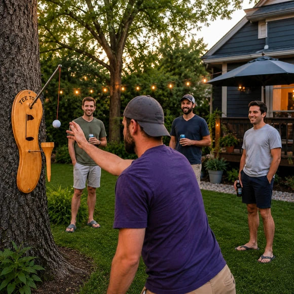 Tee Toss Deluxe outdoor golf skill game being played on a tree