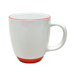 Blank white ceramic mug with orange rim and base ready for a custom design