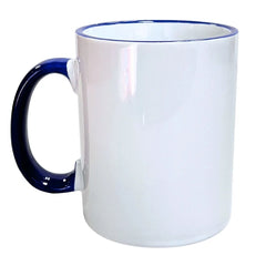 11oz white ceramic coffee mug with cobalt trim and handle sold in bulk case packs